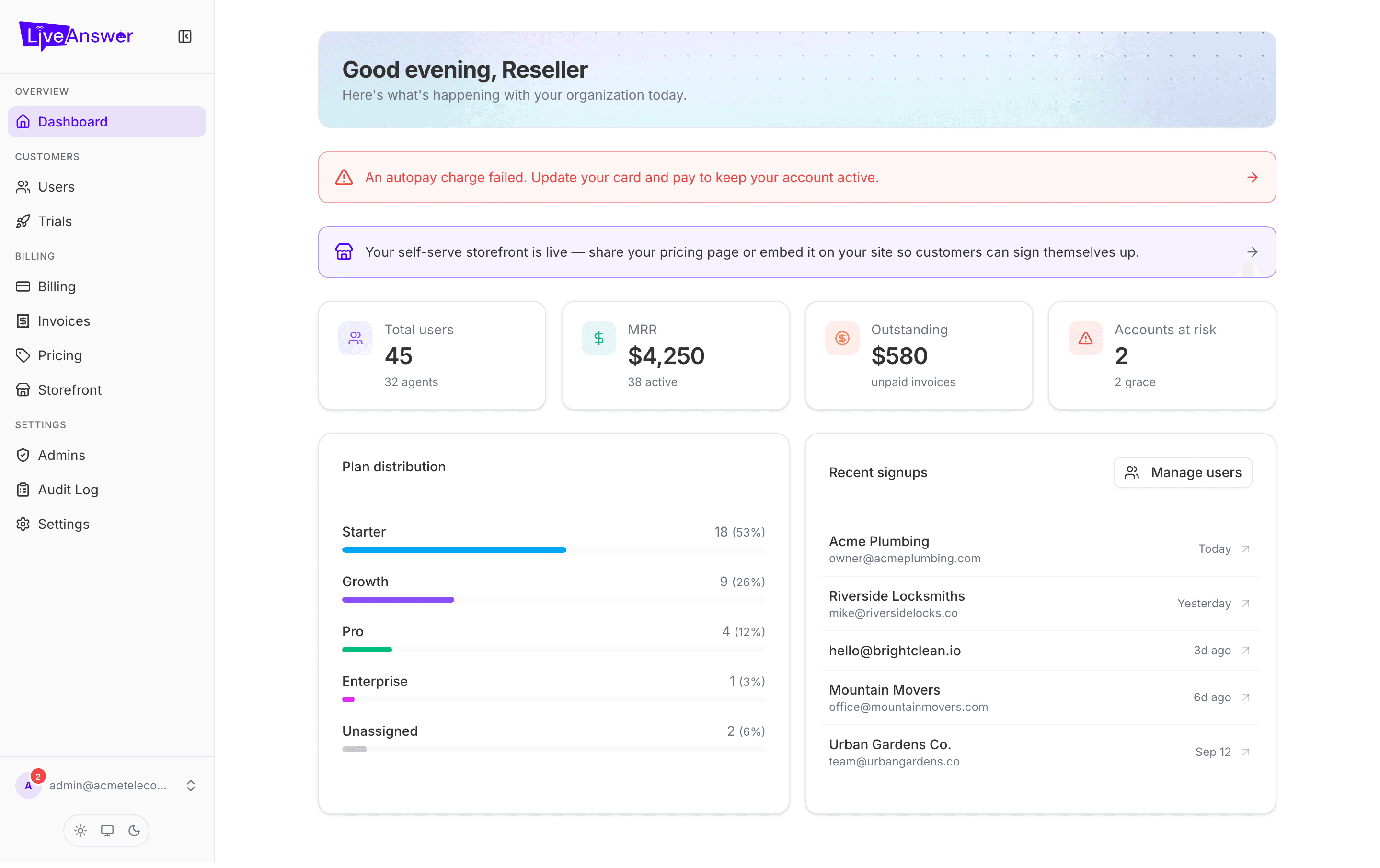 Reseller dashboard