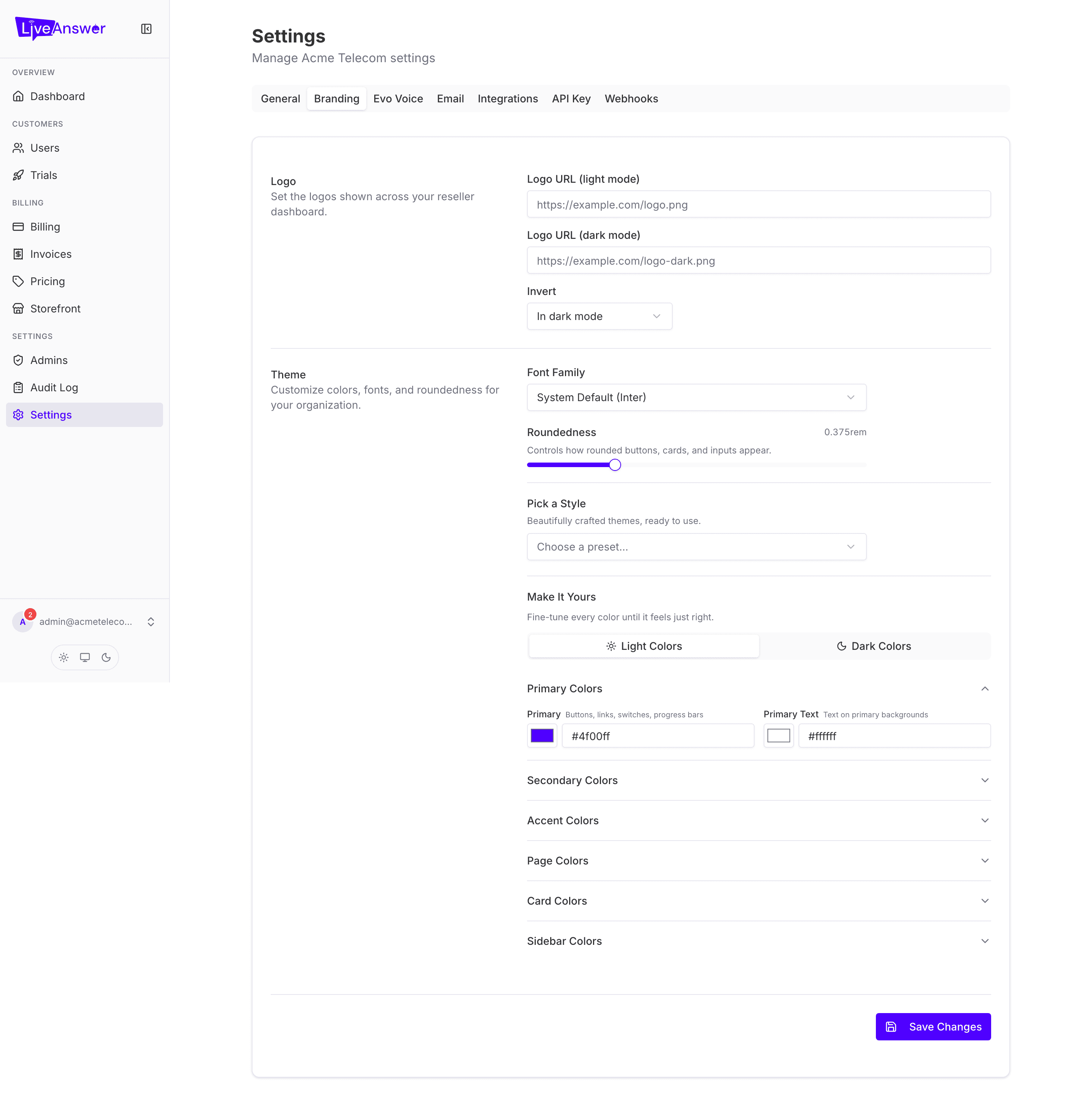 Settings — Branding