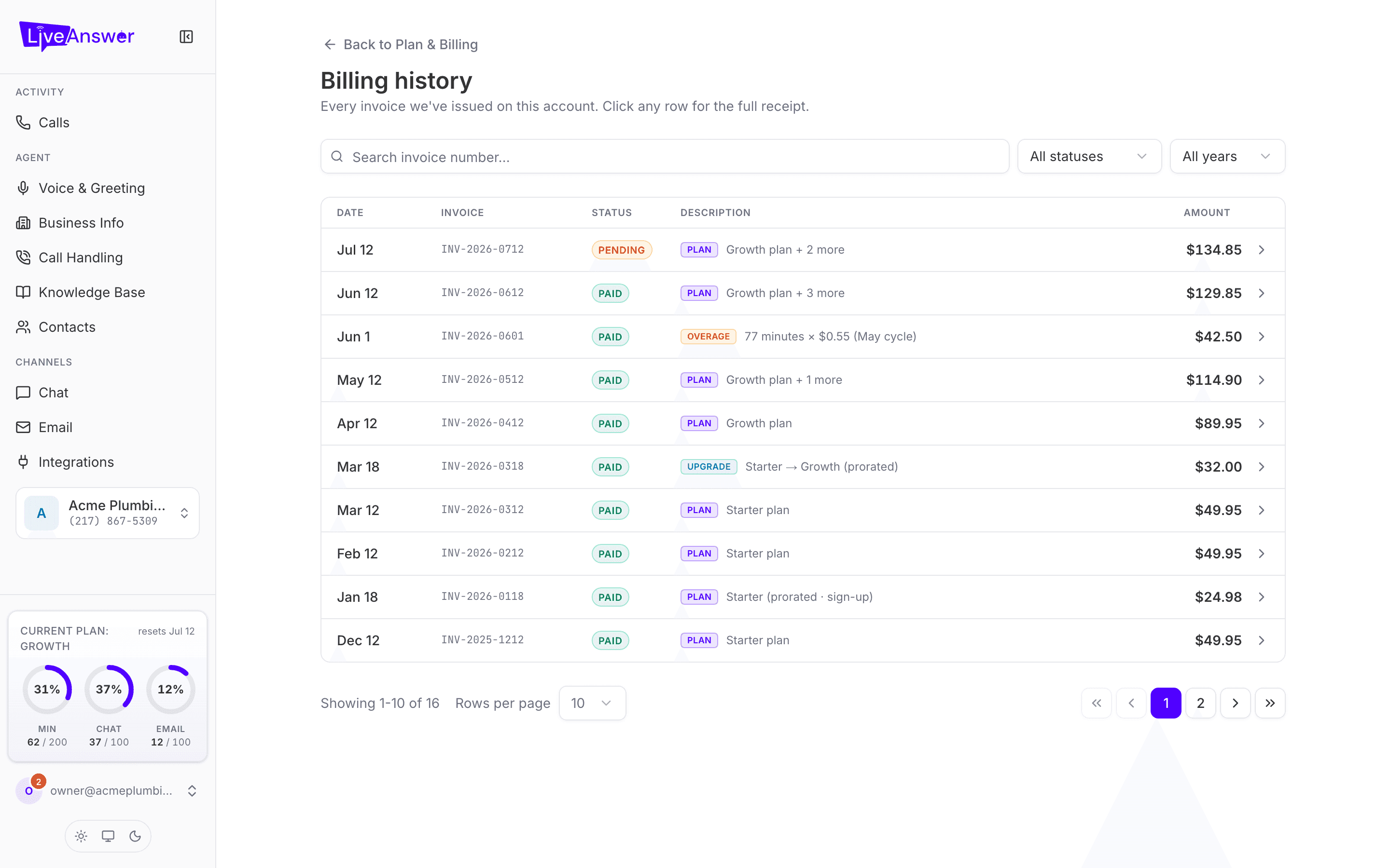 Billing history