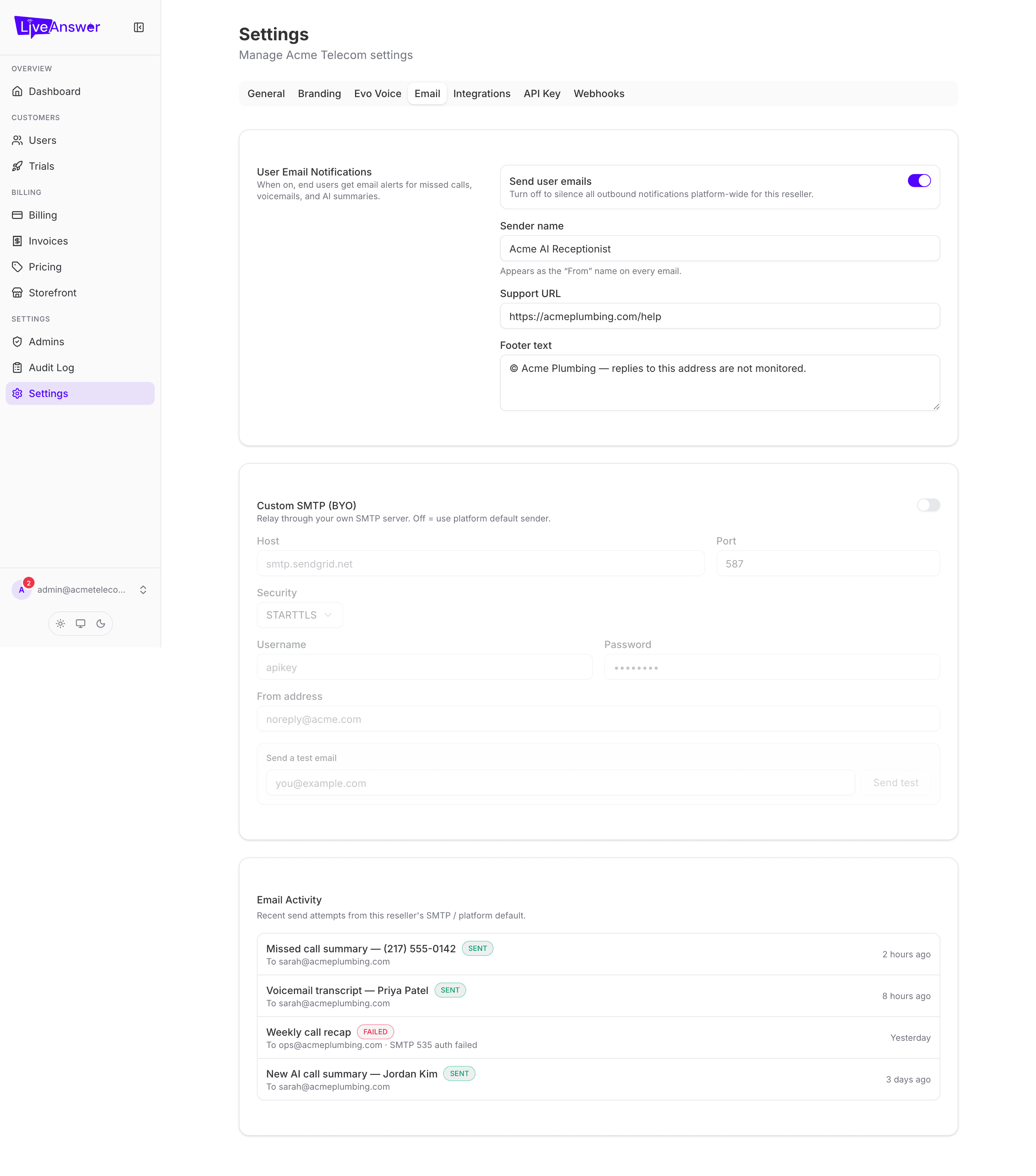 Settings — Email