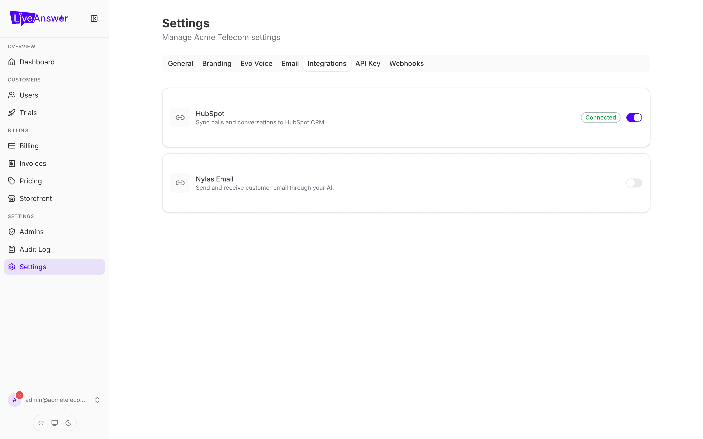 Settings — Integrations