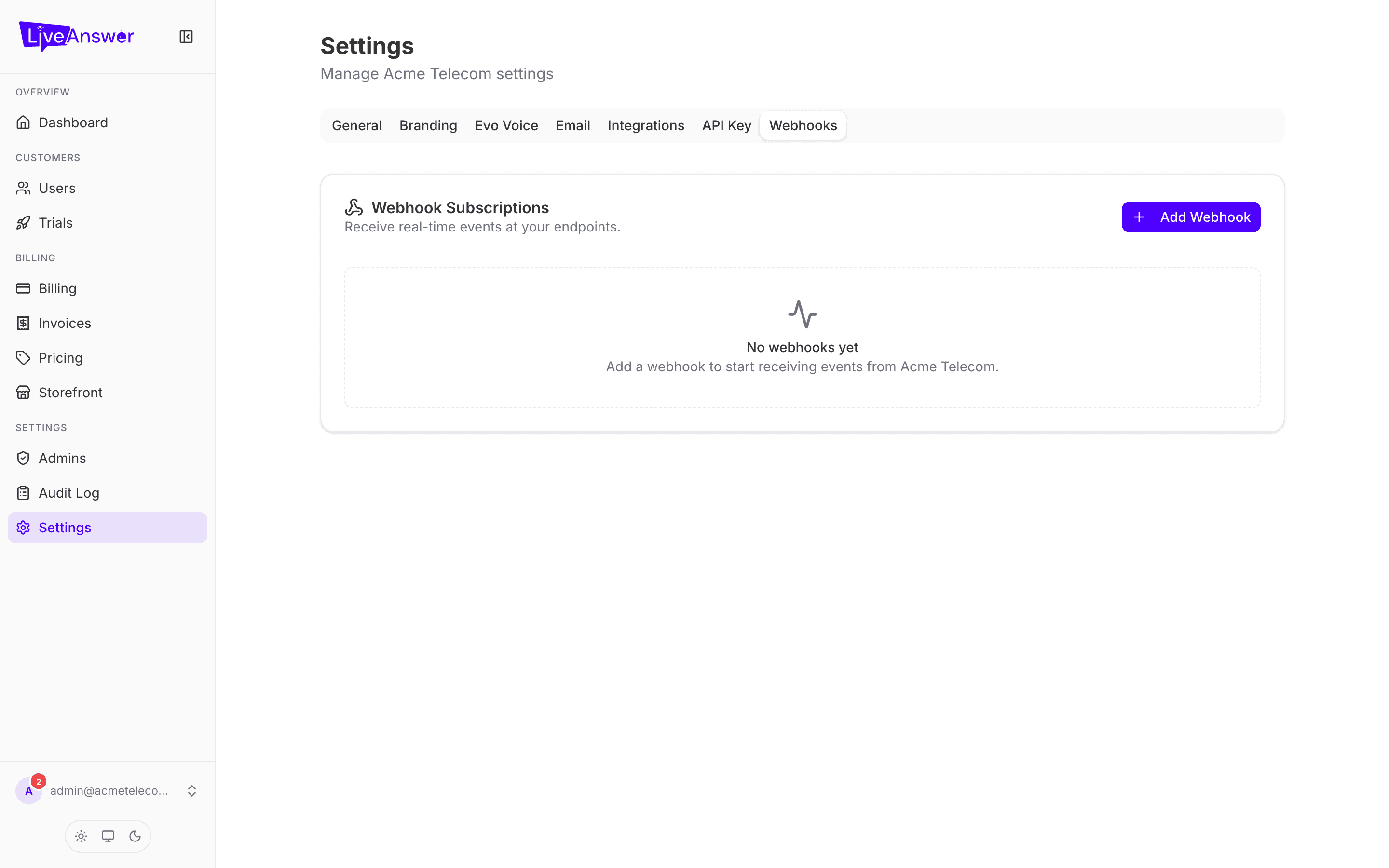 Settings — Webhooks